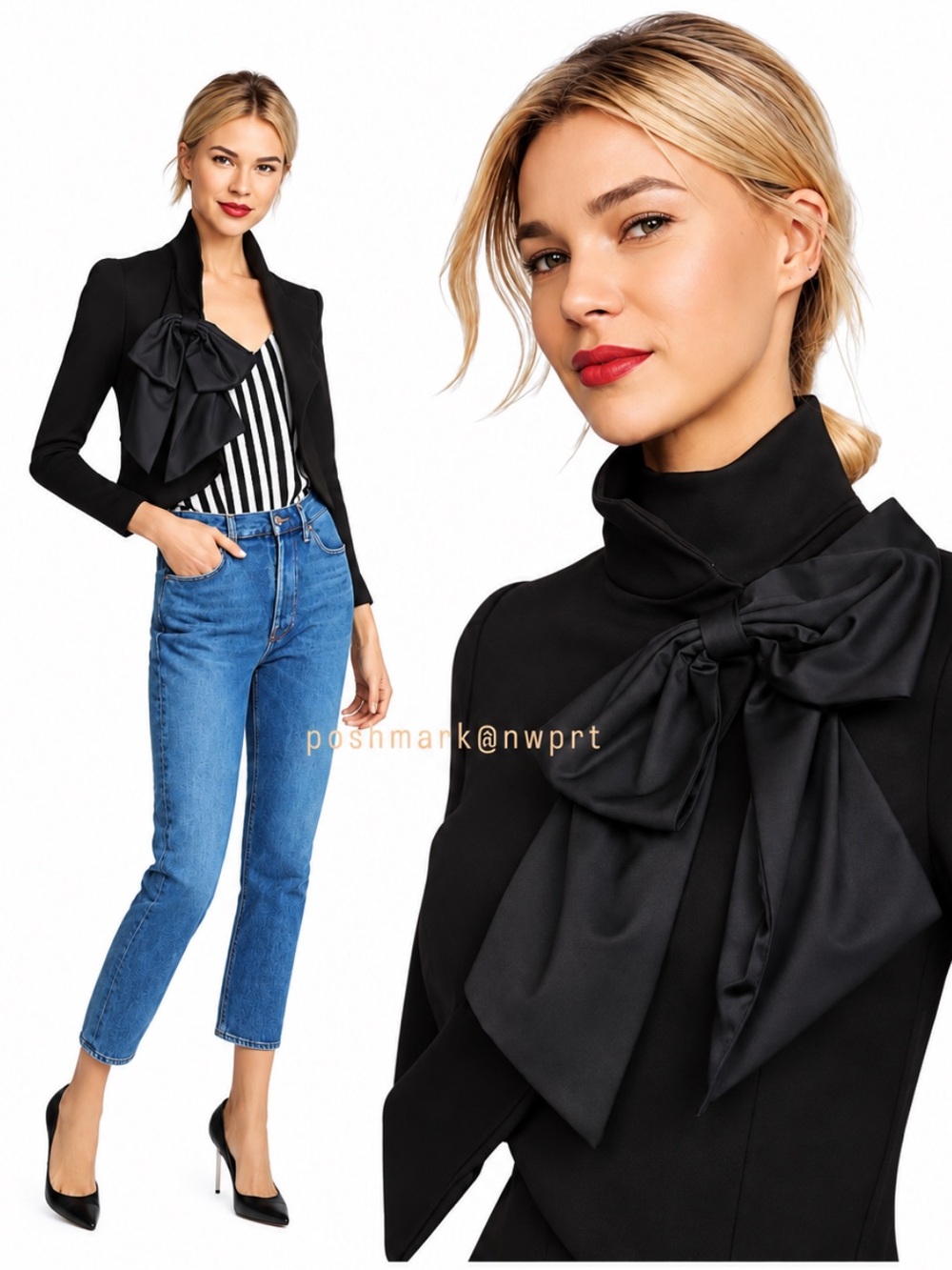 Alice + Olivia Addison Bow Jacket Cropped Blazer Black S Small